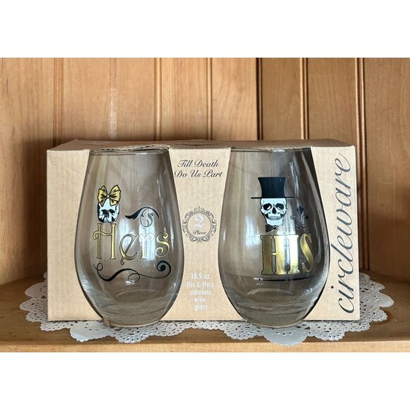 Circleware His & Hers Stemless Halloween Wine Glass Set - Till Death Do Us Part - Picture 1 of 3